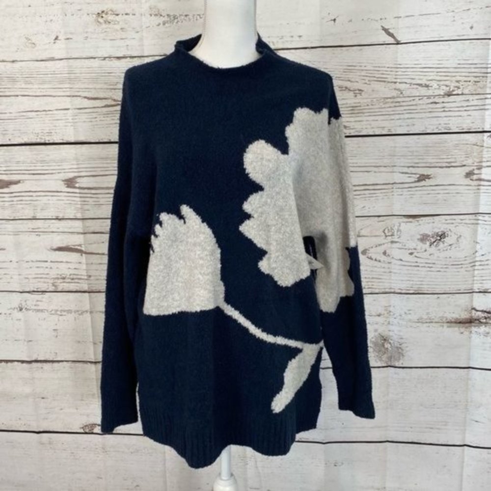 Navy and White Floral Intarsia Women's Sweater